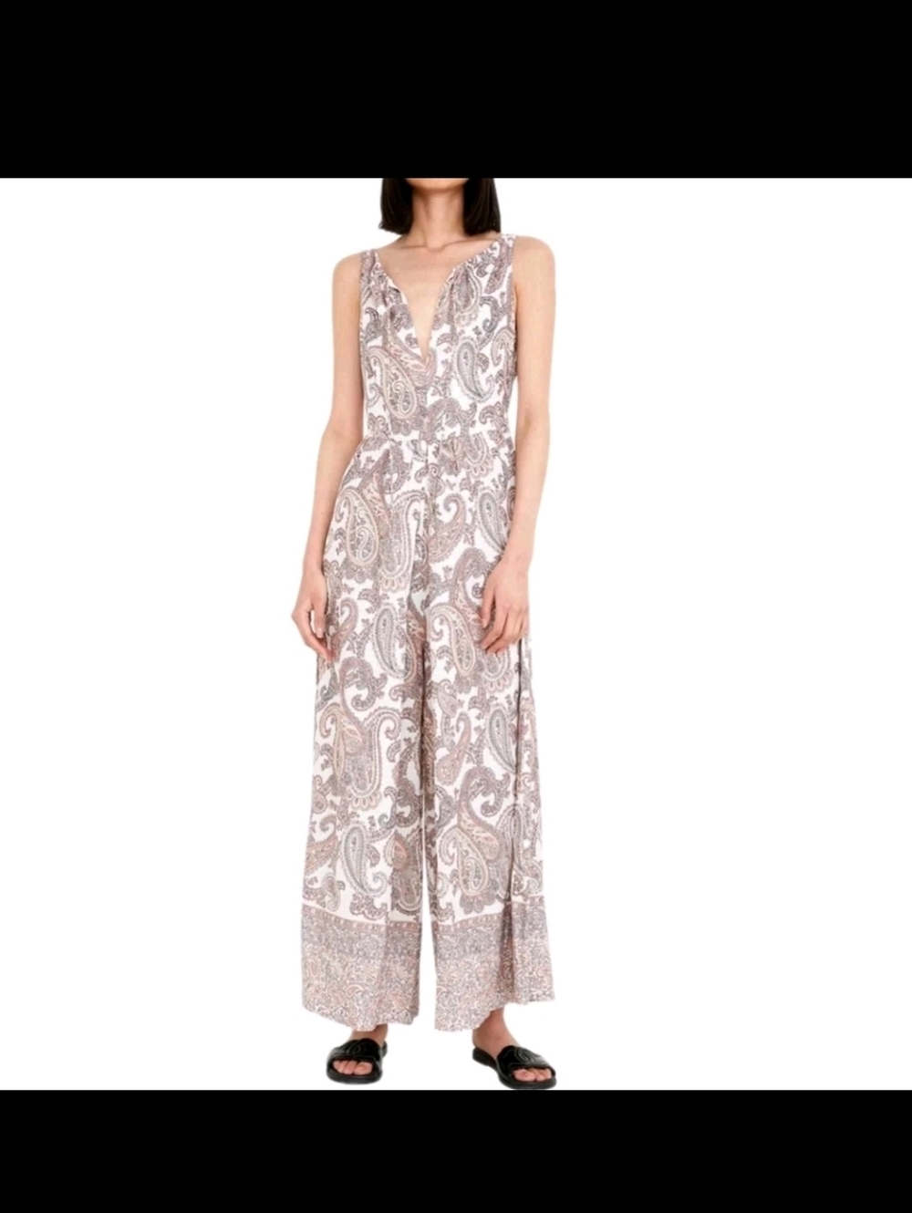 Bardot Paisley Sleeveless Extra Wide Leg Linen Dress Jumpsuit Tan White Sz S EUC